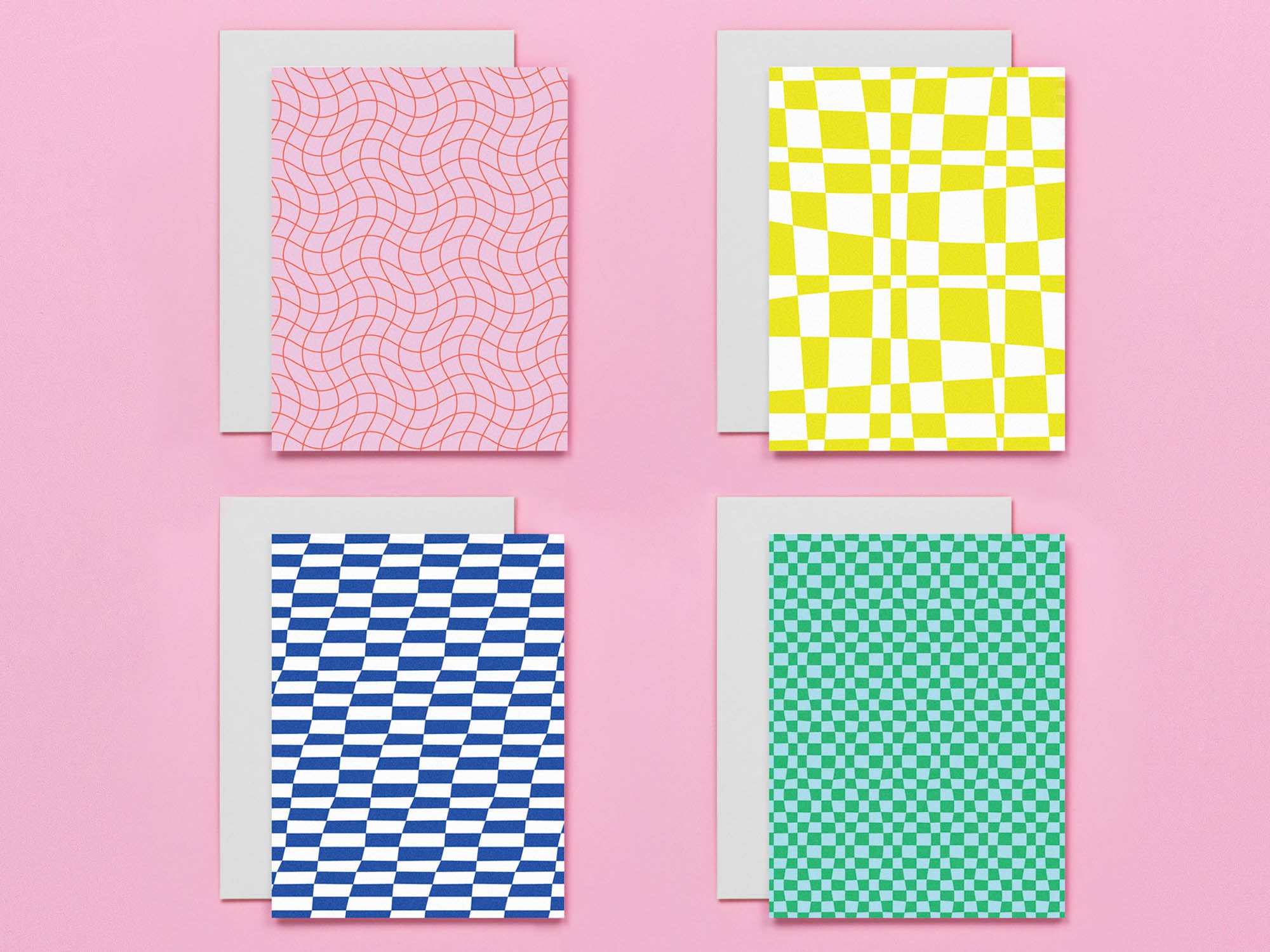 Set of 8 checker and grid pattern assorted blank greeting cards that bend space and time. Made in USA by @mydarlin_bk