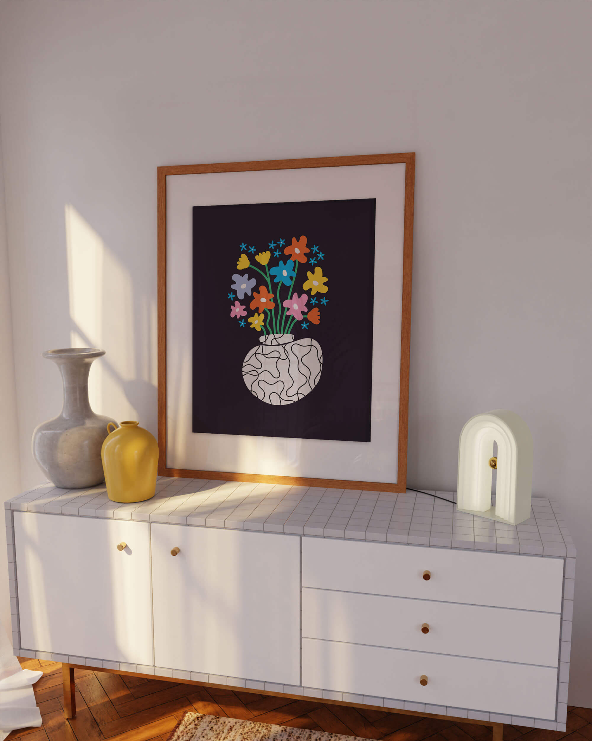 Modern vase illustration with black and white squiggly pattern filled vase with colorful squiggly flowers. Big bold colorful flower poster with vaguely mid-century inspired art. Made in USA by My Darlin' @mydarlin_bk