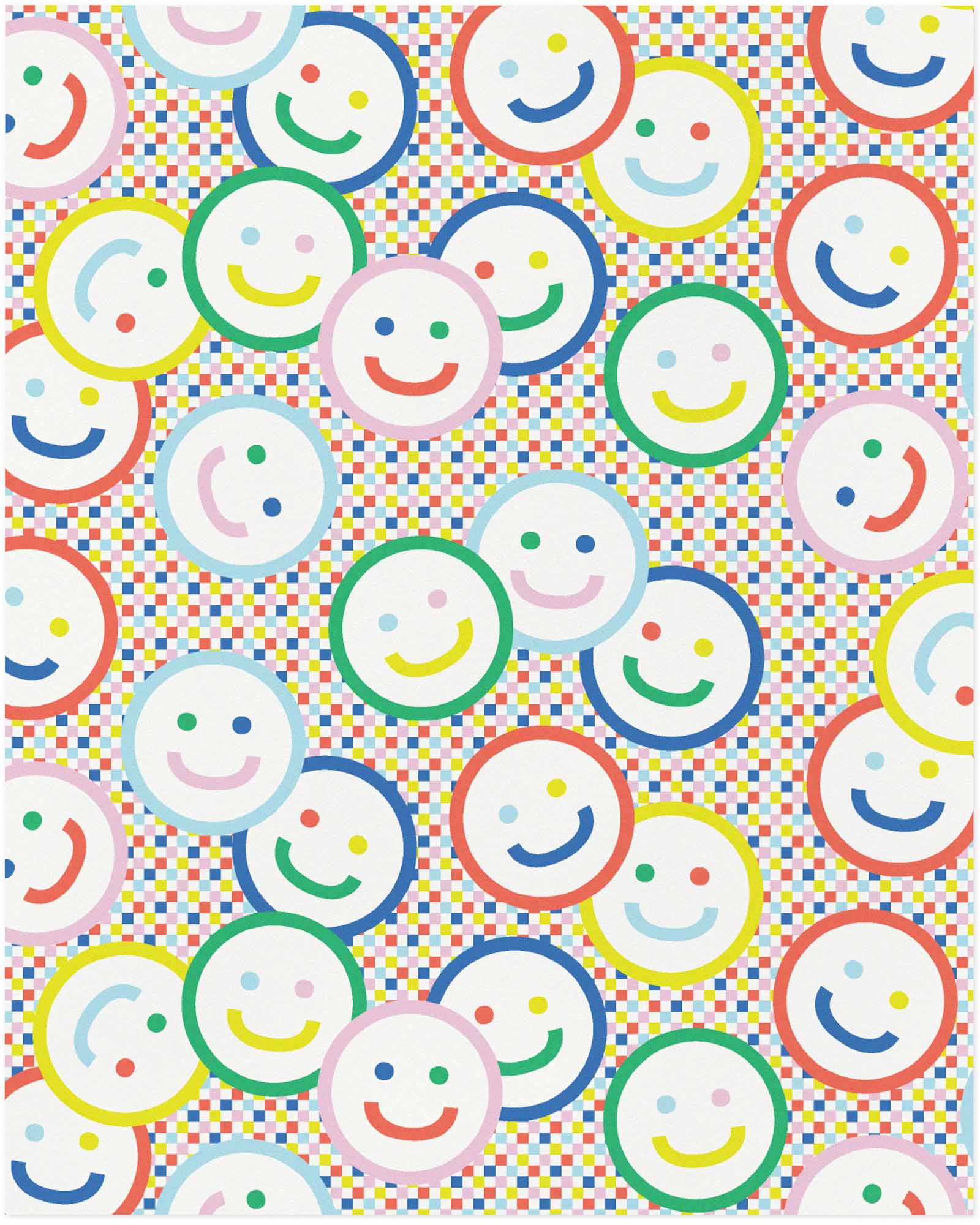 "Check Yr Smile" archival giclée art print with smiley face pattern against a rainbow checker background. Made in USA by My Darlin' @mydarlin_bk