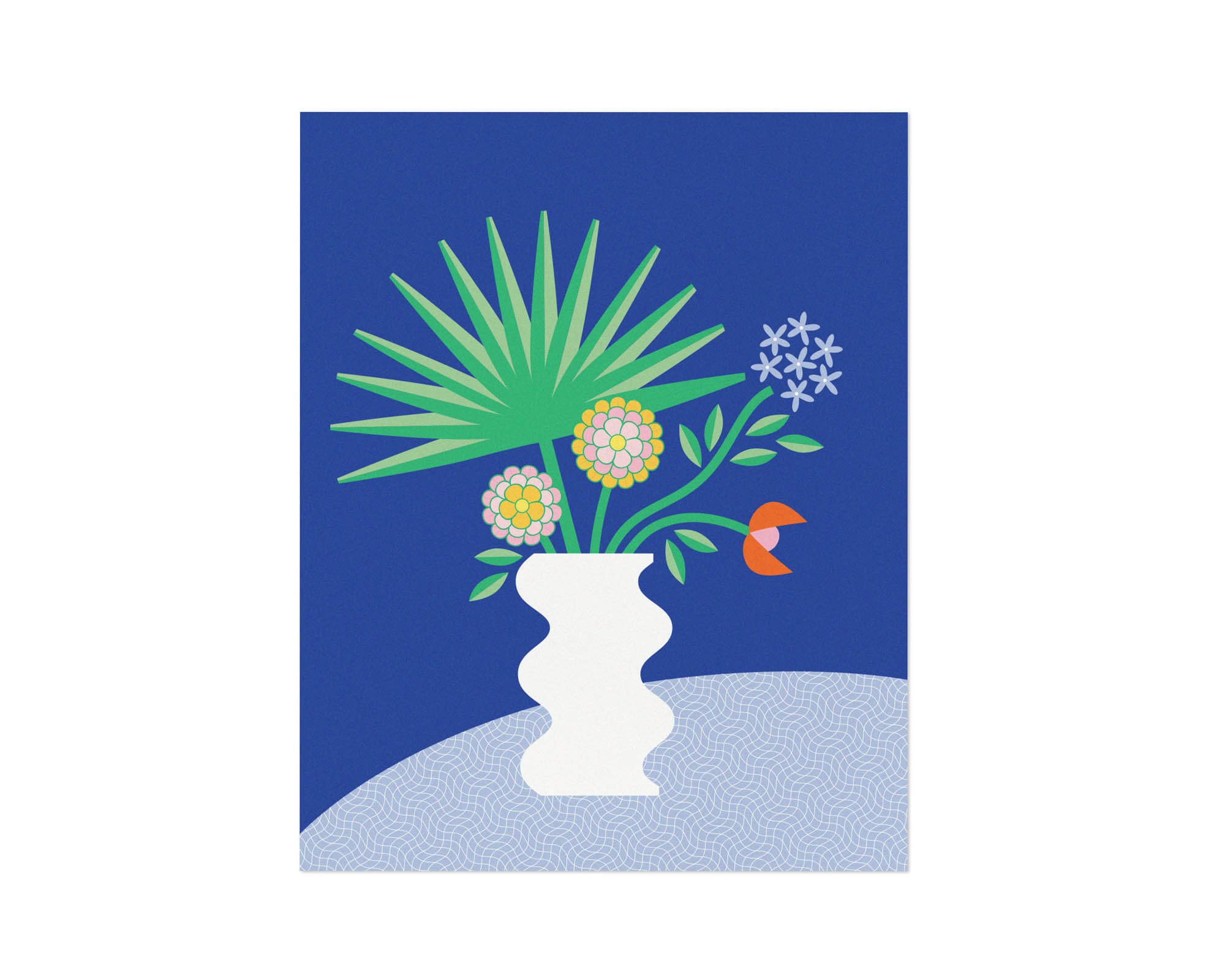 "Home Chic Home" contemporary wavy vase illustration with unusual tropical flowers and foliage. Graphic, bold blue flower poster with vaguely mid-century inspired art and a nod to Palms Springs. Made in USA by My Darlin' @mydarlin_bk