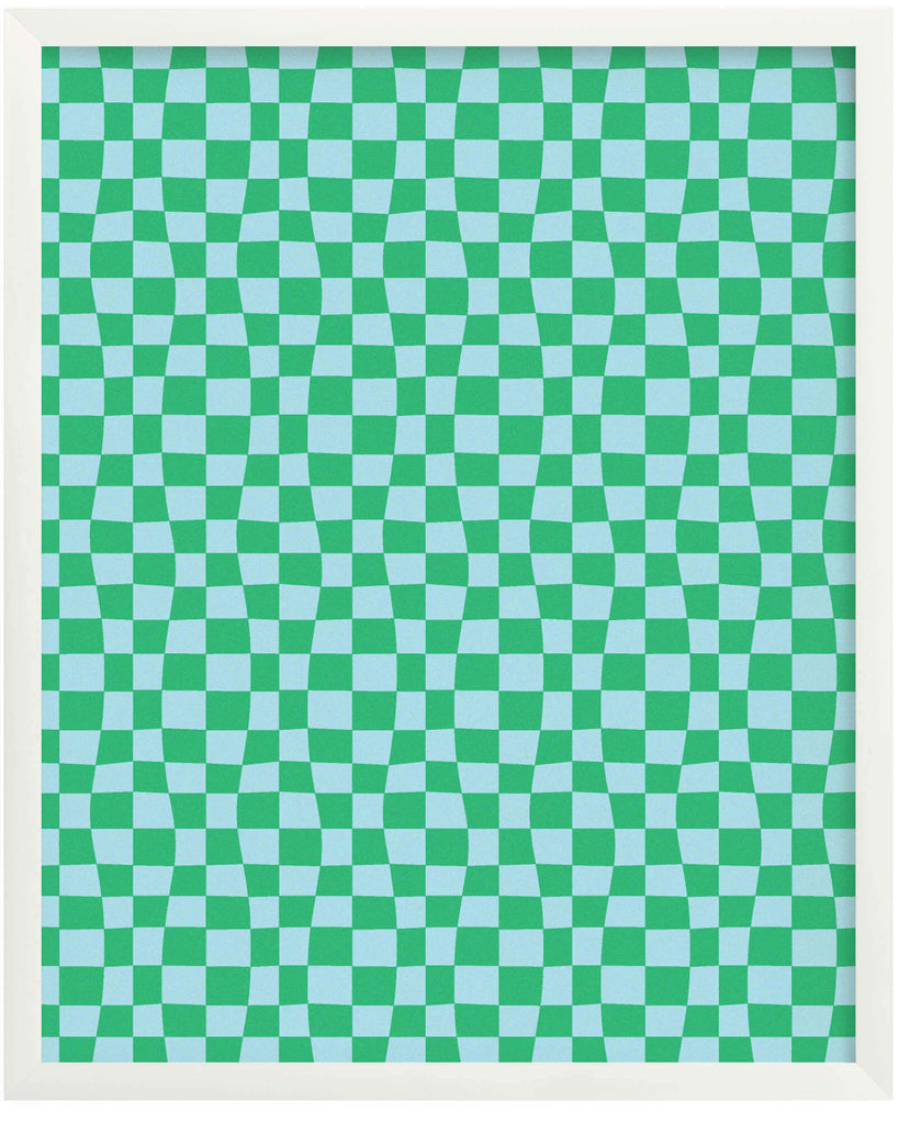 "Chunky Checker" archival giclée art print in a green and aqua wavy checkerboard pattern that bends space and time. Made in USA by My Darlin' @mydarlin_bk