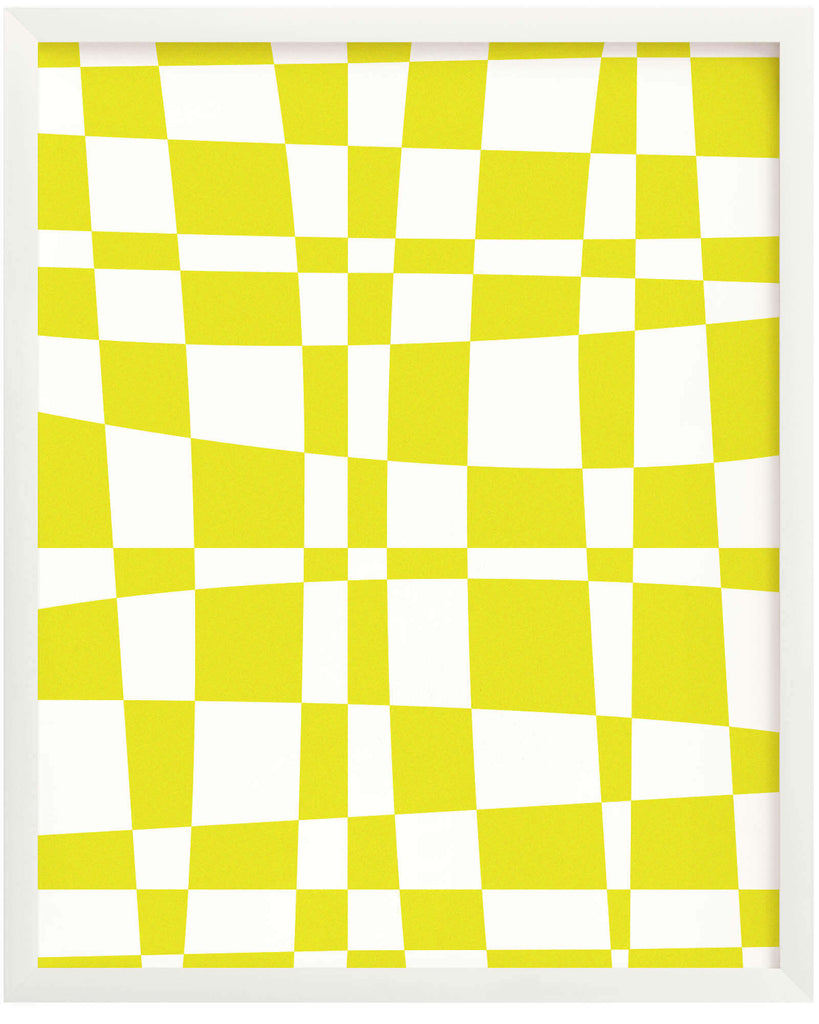 "Space Time Checks" archival giclée art print in an abstract, warped yellow checker pattern that bends space and time. Made in USA by My Darlin' @mydarlin_bk