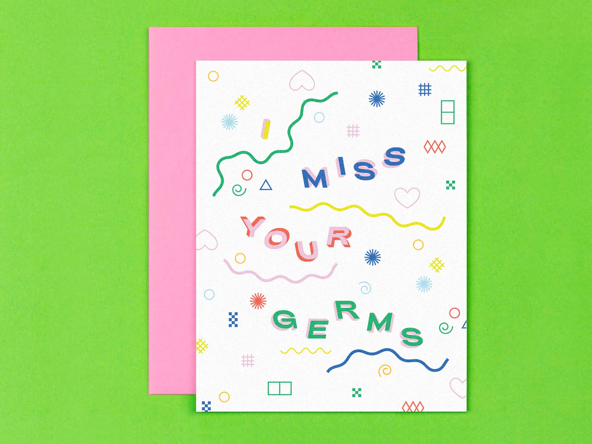 "I Miss Your Germs" miss you pandemic card with abstract geometric pattern and shadow type. Made in USA by @mydarlin_bk