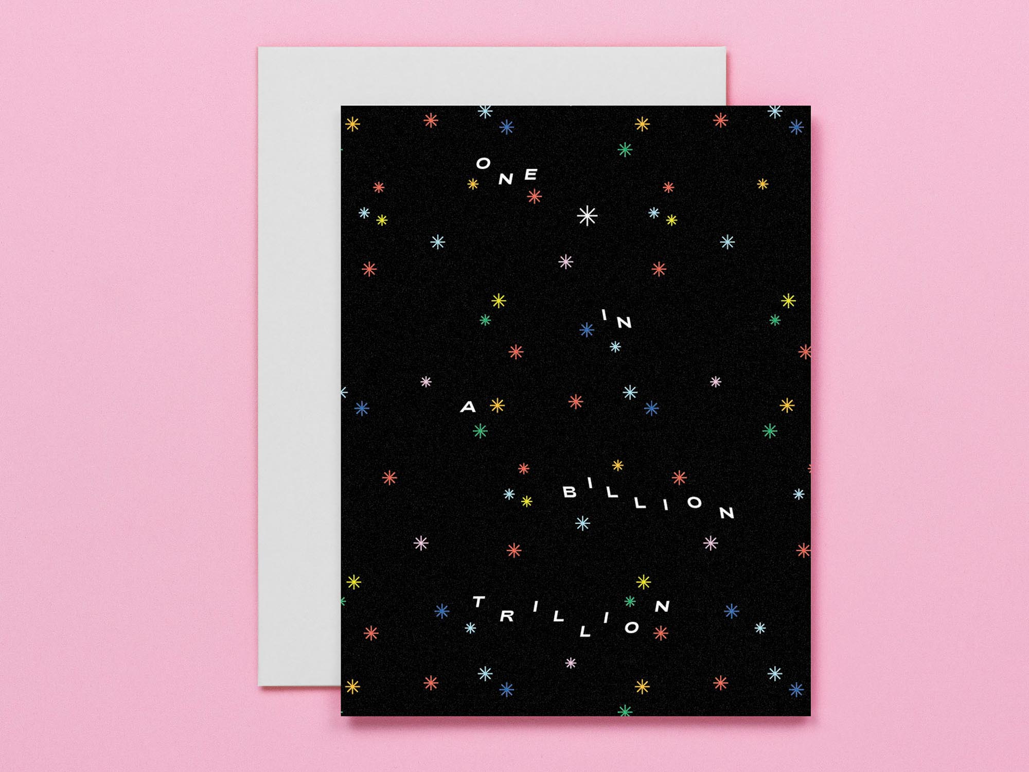 "One in a billion trillion" thank you card or friendship card with rainbow midcentury stars design. Made in USA by @mydarlin_bk