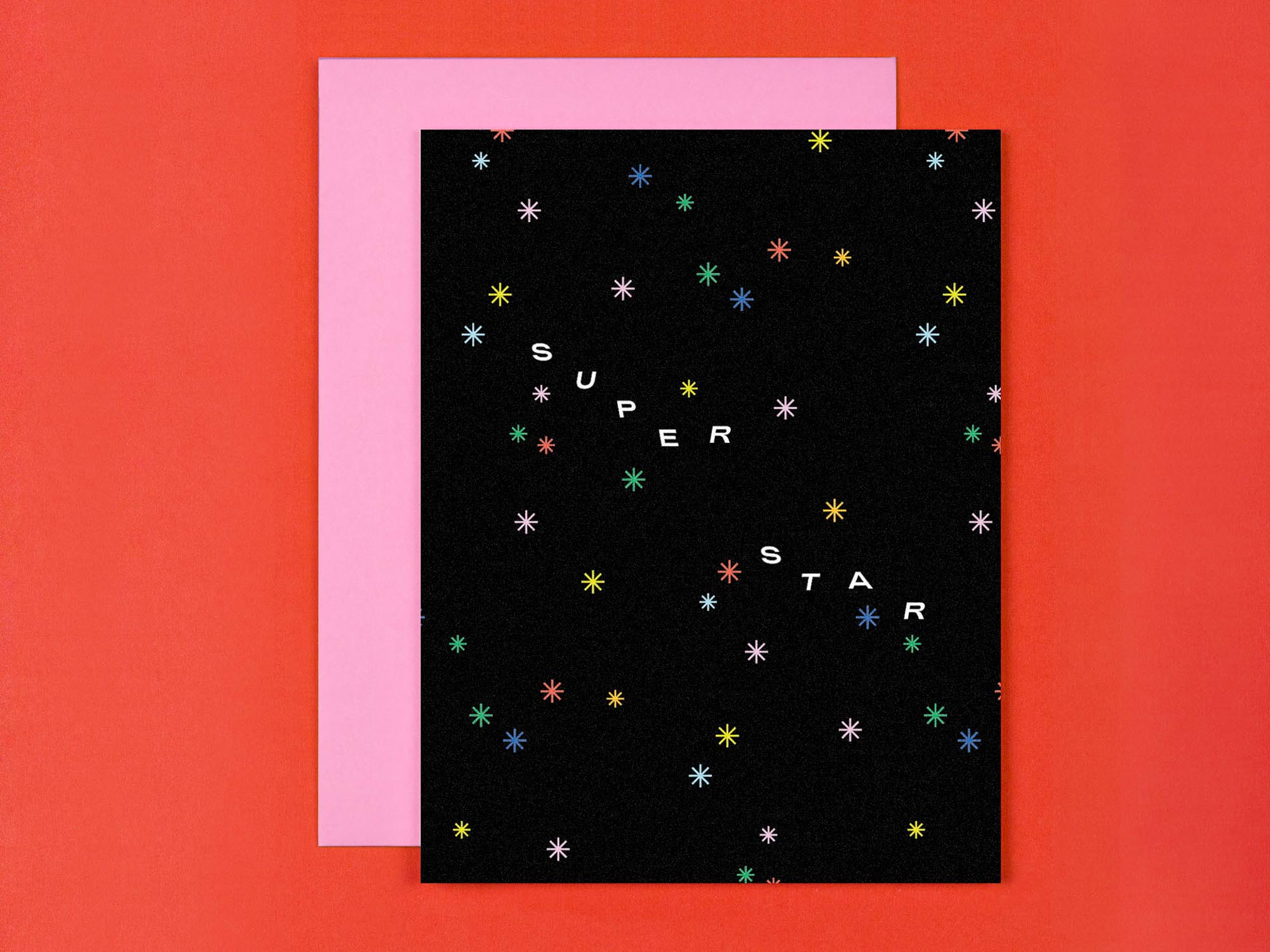 "Super Star" friendship or congrats card with rainbow midcentury stars design. Made in USA by @mydarlin_bk
