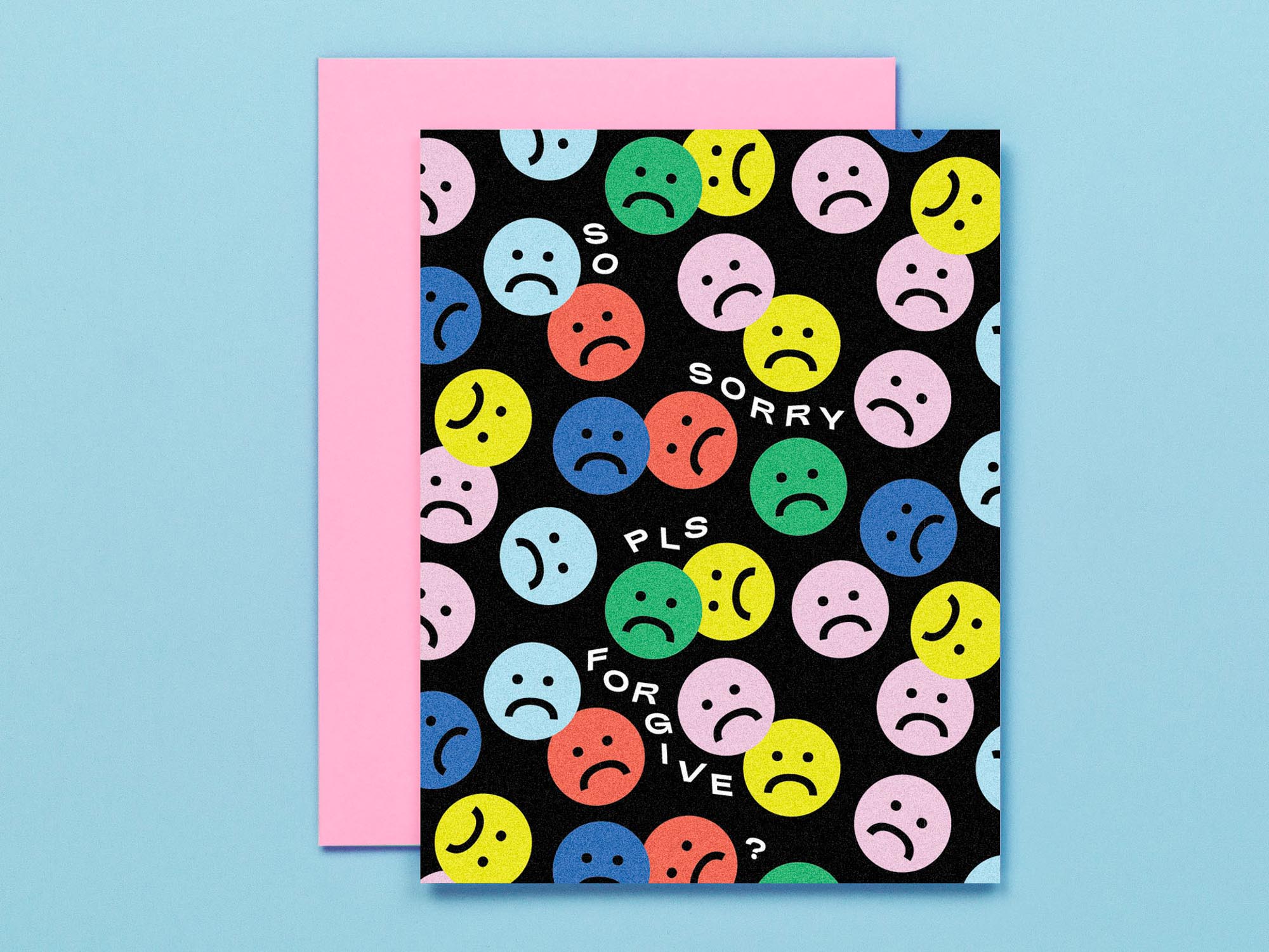 "So Sorry Pls Forgive?" sorry card with sad faces and smiley faces or smiley emojis. Made in USA by @mydarlin_bk