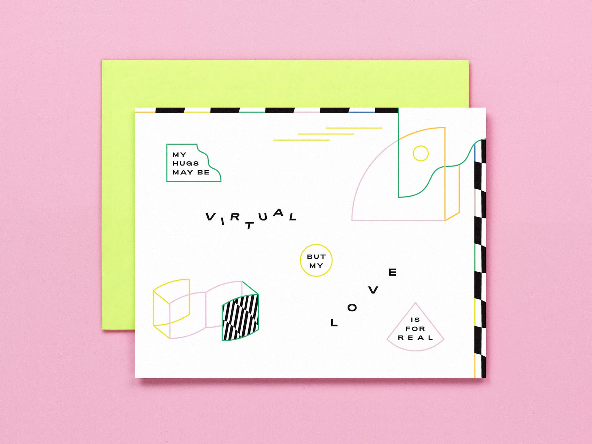 "My hugs may be virtual but my love is for real" pandemic love card that doubles as a long distance relationship card with abstract geometric design. Made in USA by @mydarlin_bk