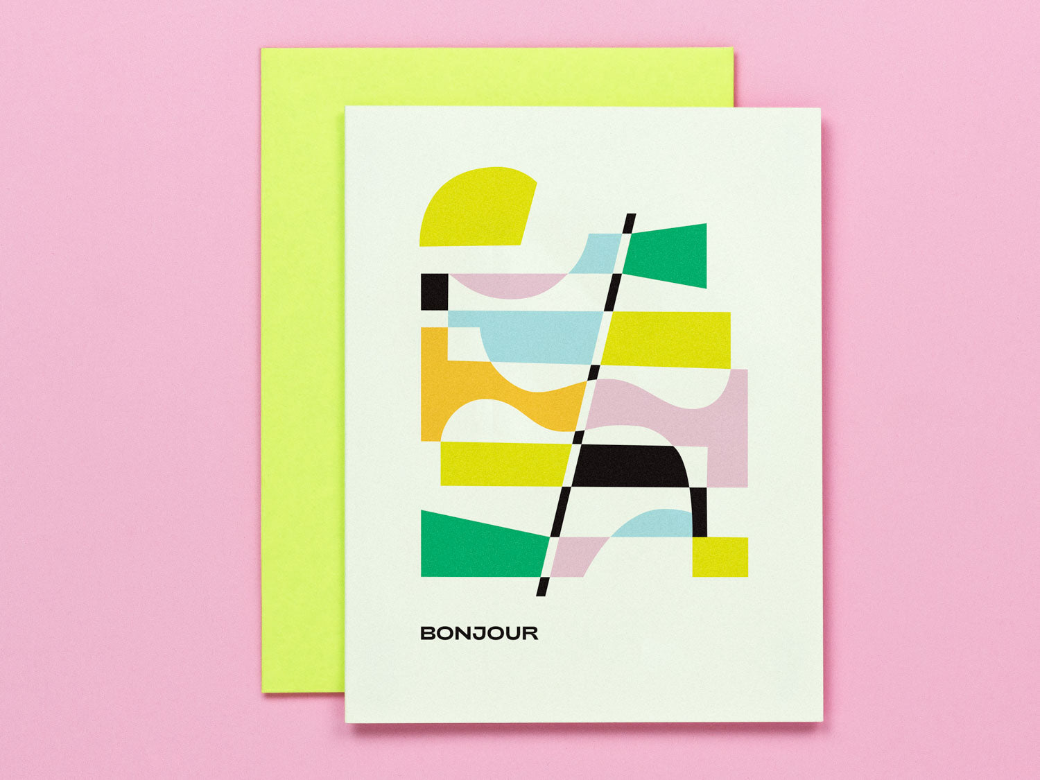 Bonjour Hello card with abstract vaguely art deco inspired design. Made in USA by My Darlin' @mydarlin_bk