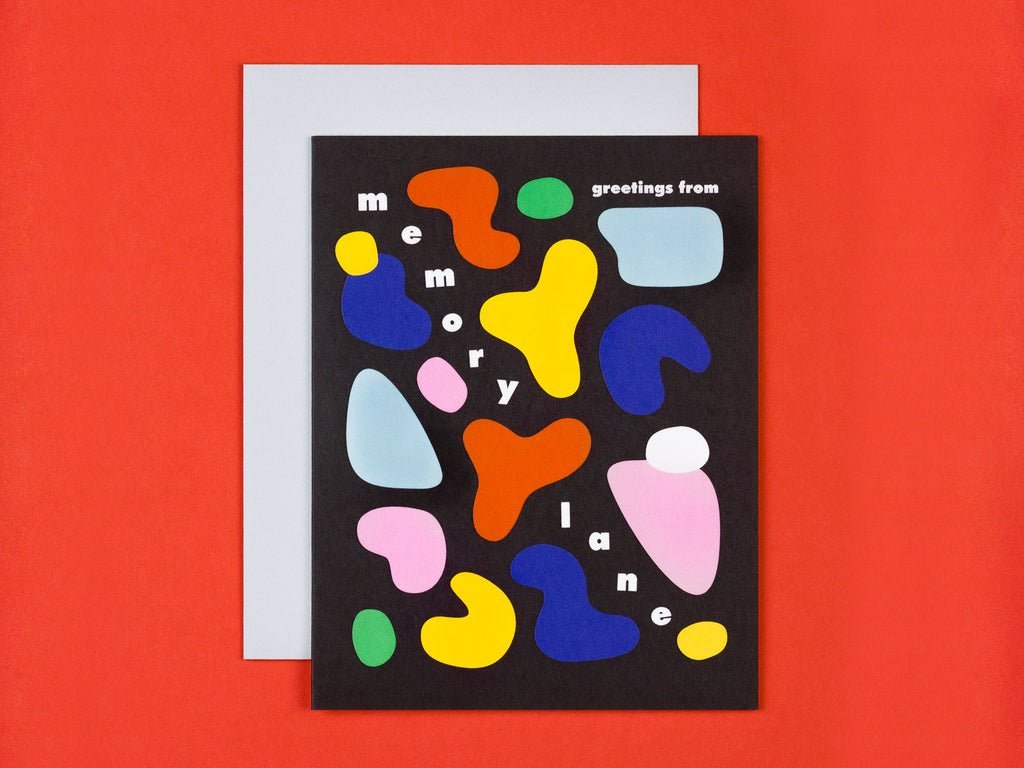 Greetings from Memory Lane thinking of you card with colorful abstract shapes by My Darlin' that reads Greetings From Memory Lane by @mydarlin_bk
