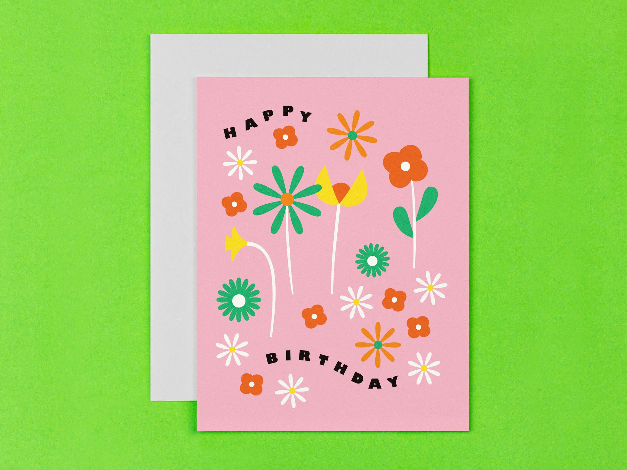 Floral happy birthday card with mid century style floral illustration. Made in USA by My Darlin' @mydarlin_bk