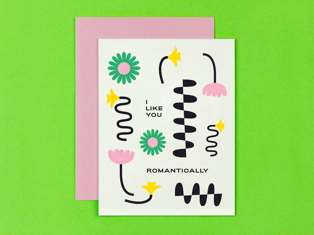 I Like You Romantically love card or anniversary card with squiggle-infused florals. Made in USA by My Darlin' @mydarlin_bk