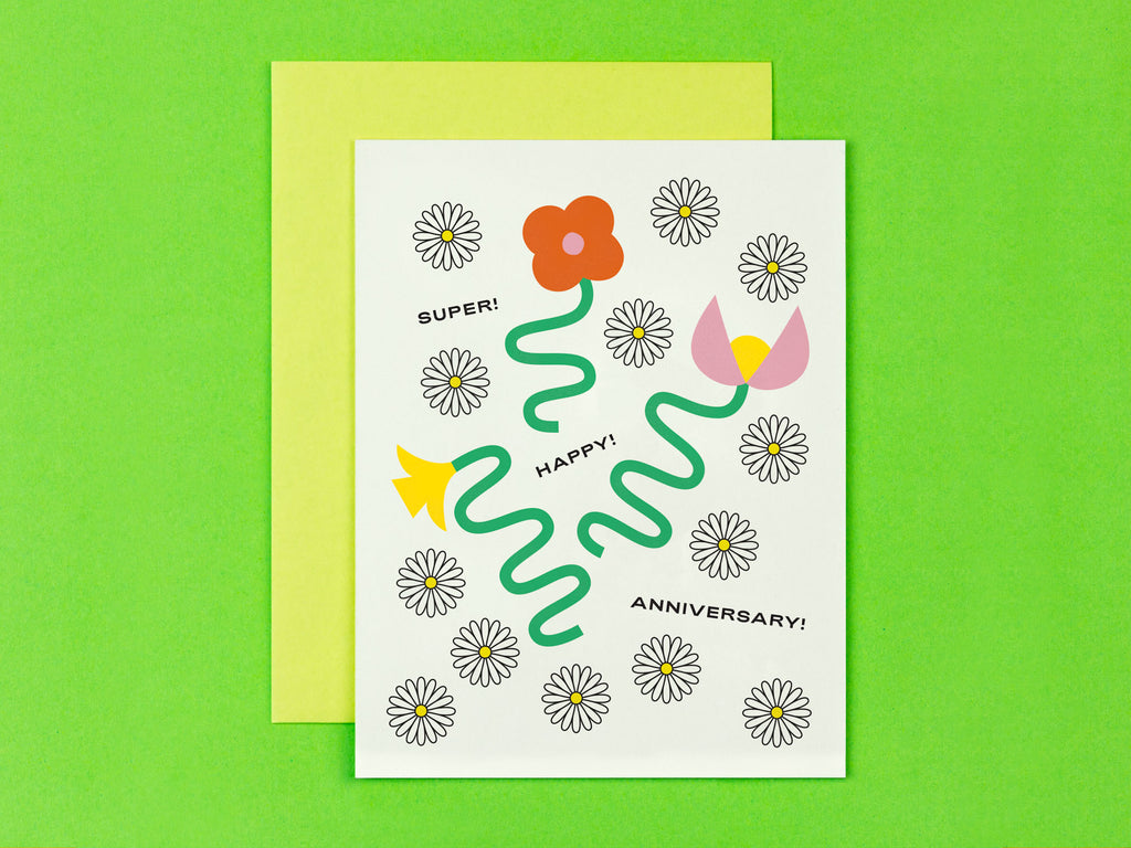 Super! Happy! Anniversary! A very enthusiastic anniversary card with squiggle-infused florals. Made in USA by My Darlin' @mydarlin_bk