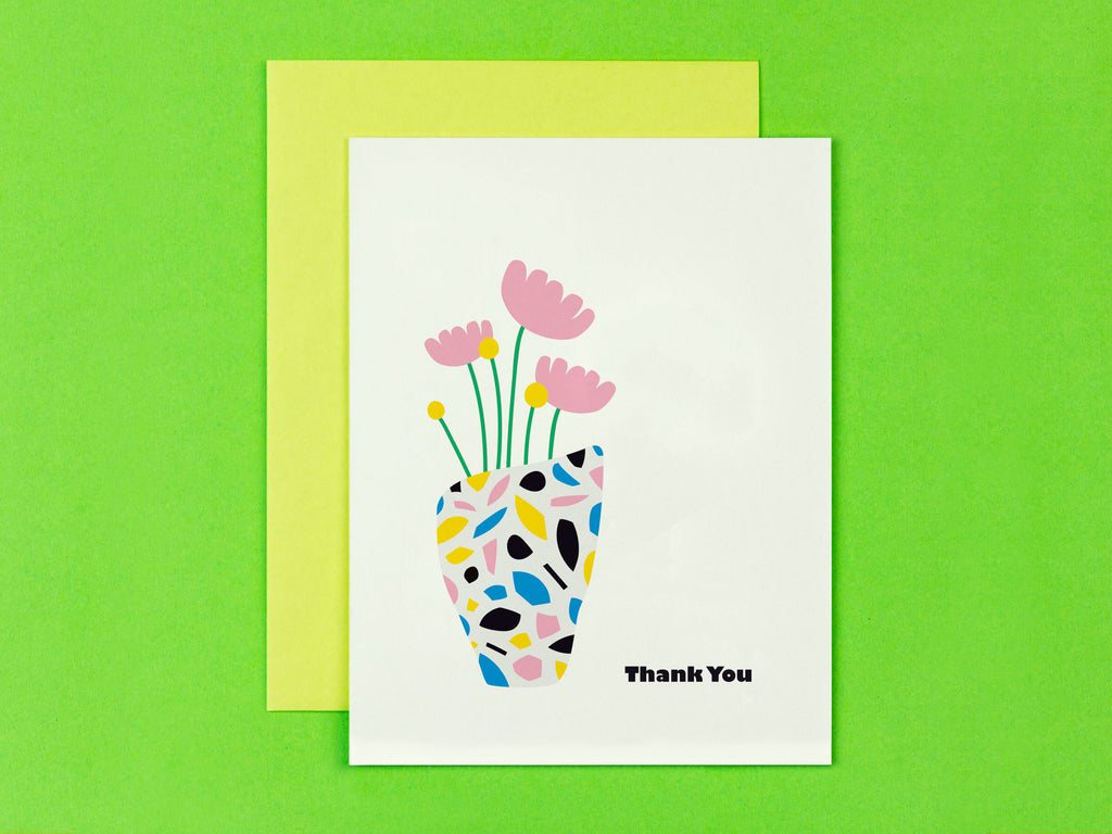 Thank you card with mid century style terrazzo flower vase illustration. Made in USA by My Darlin' @mydarlin_bk