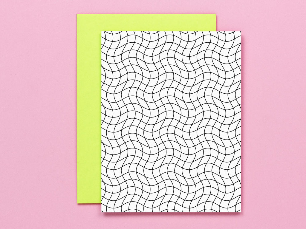 "Au Revoir Grid Noir" wavy grid blank pattern cards in black and white, all occasions greeting card. Made in USA by @mydarlin_bk