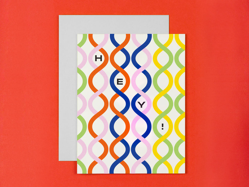 Hey Hello card with colorful graphic spiral pattern. Made in USA by My Darlin' @mydarlin_bk