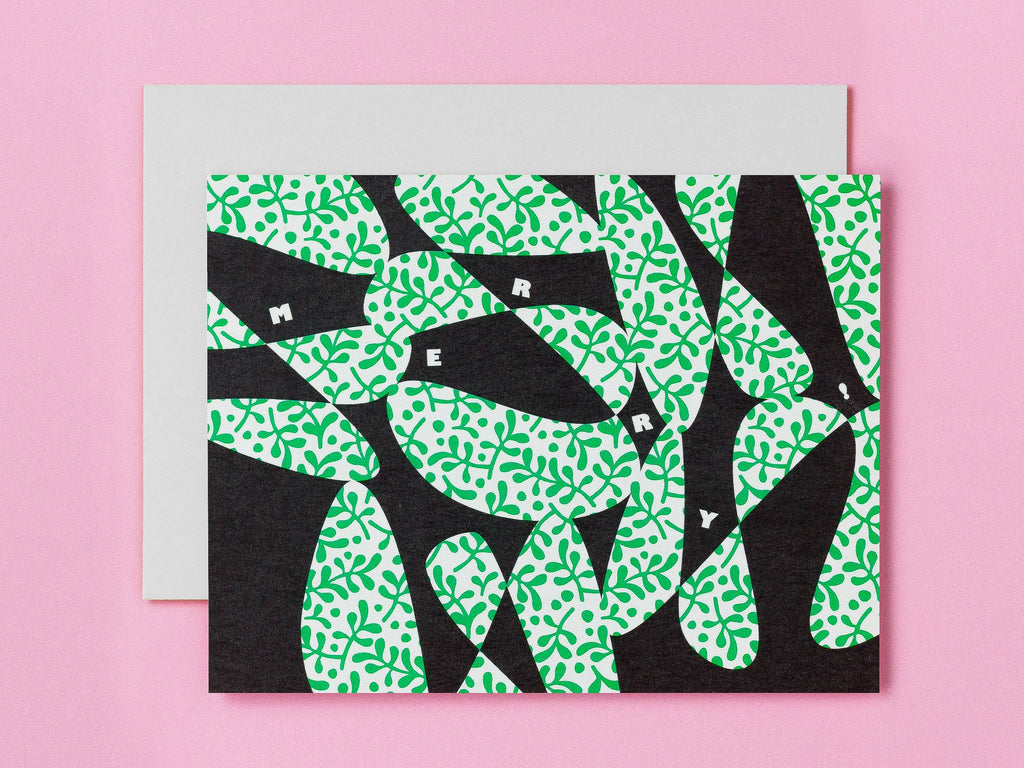 Merry abstract mistletoe pattern mid-century inspired holiday or Christmas card. Designed by @mydarlin_bk
