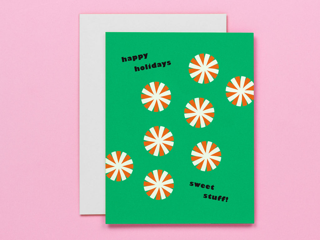 Happy Holidays Sweet Stuff holiday card or Christmas card with scattered peppermint candies. Designed by @mydarlin_bk