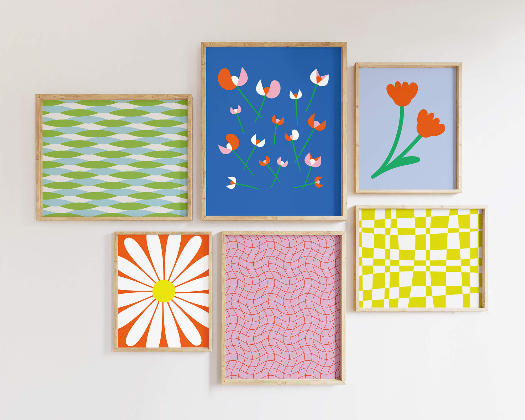 Contemporary gallery wall of graphic modern abstract and checkerboard patterns and modern floral. Graphic, bold, vaguely mid-century inspired art. Made in USA by My Darlin' @mydarlin_bk