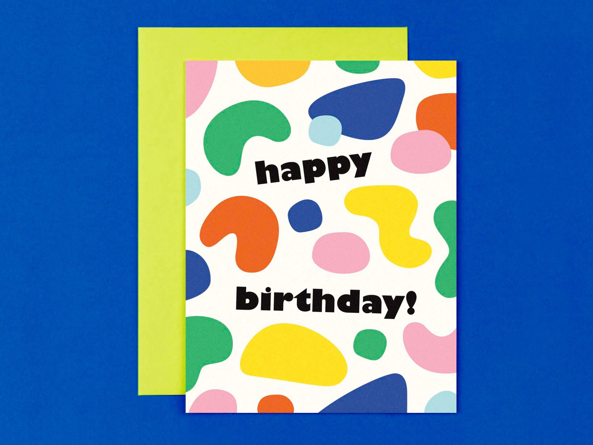 Modern birthday card with colorful, abstract, blobby shape pattern. Made in USA by @mydarlin_bk