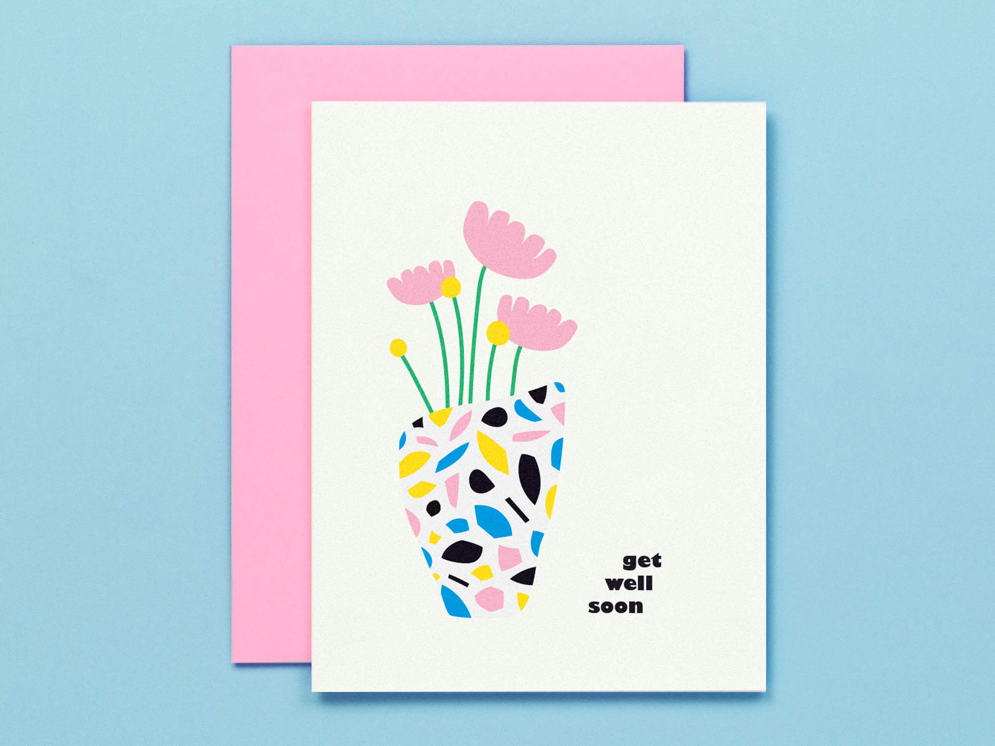 A get well soon card with a terrazzo vase of bright flowers and well wishes. Vaguely mid-century inspired illustration. Made in USA by My Darlin' @mydarlin_bk