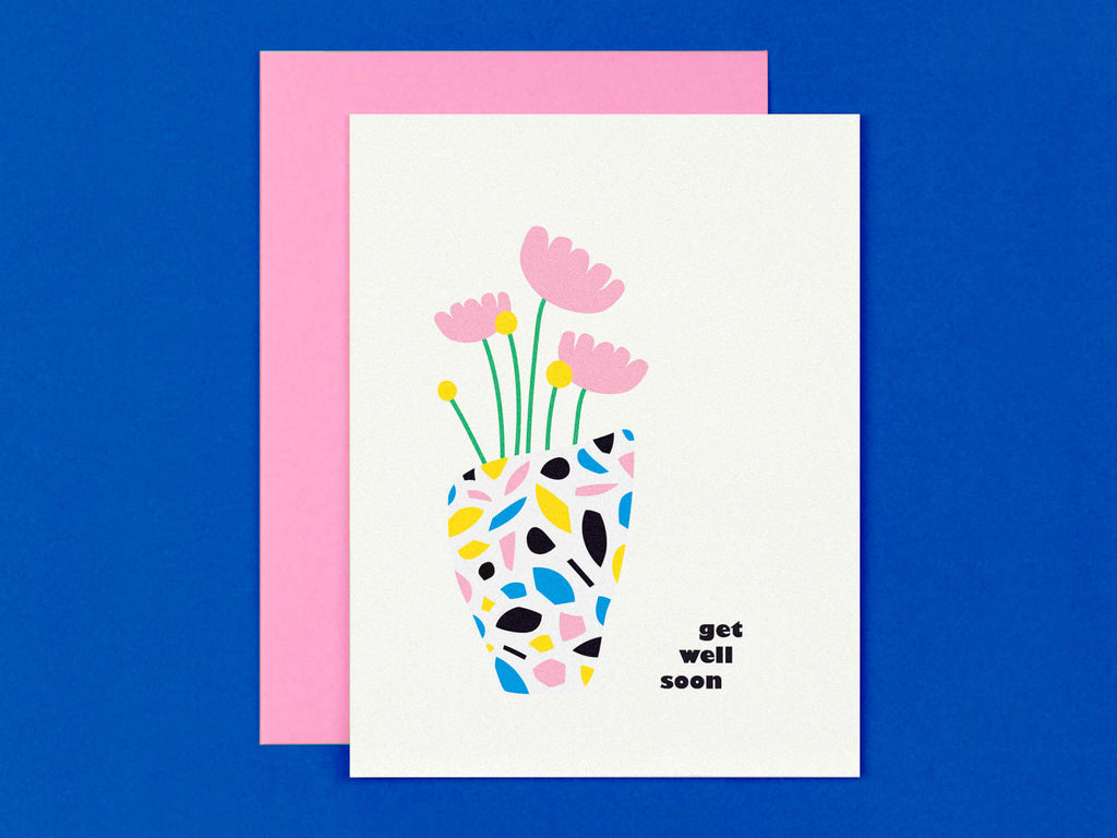 A get well soon card with a terrazzo vase of bright flowers and well wishes. Vaguely mid-century inspired illustration. Made in USA by My Darlin' @mydarlin_bk