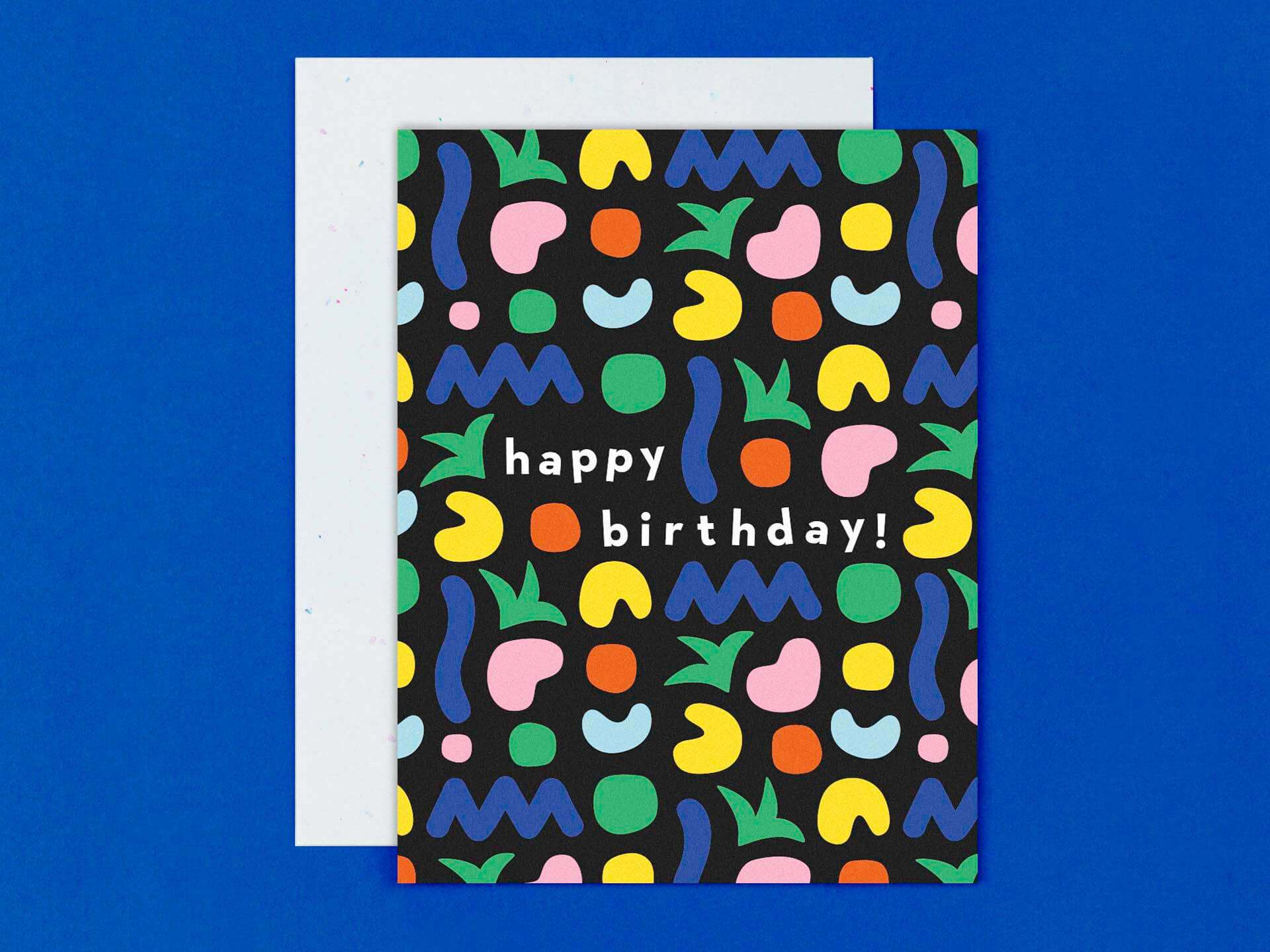 Blobs in Paradise: a modern birthday card with a colorful, abstract, blobby shape pattern and a touch of tropical vibes. Made in USA by @mydarlin_bk