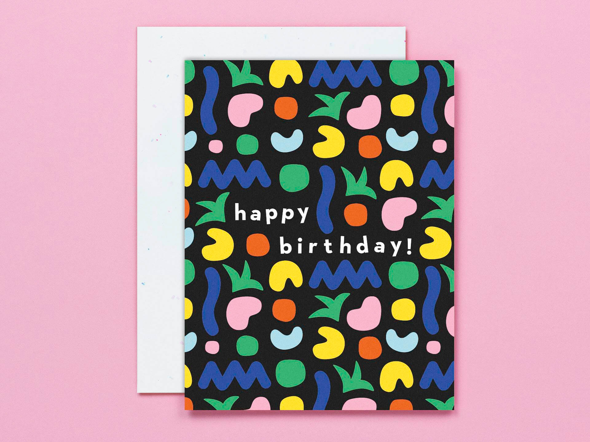 Blobs in Paradise: a modern birthday card with a colorful, abstract, blobby shape pattern and a touch of tropical vibes. Made in USA by @mydarlin_bk