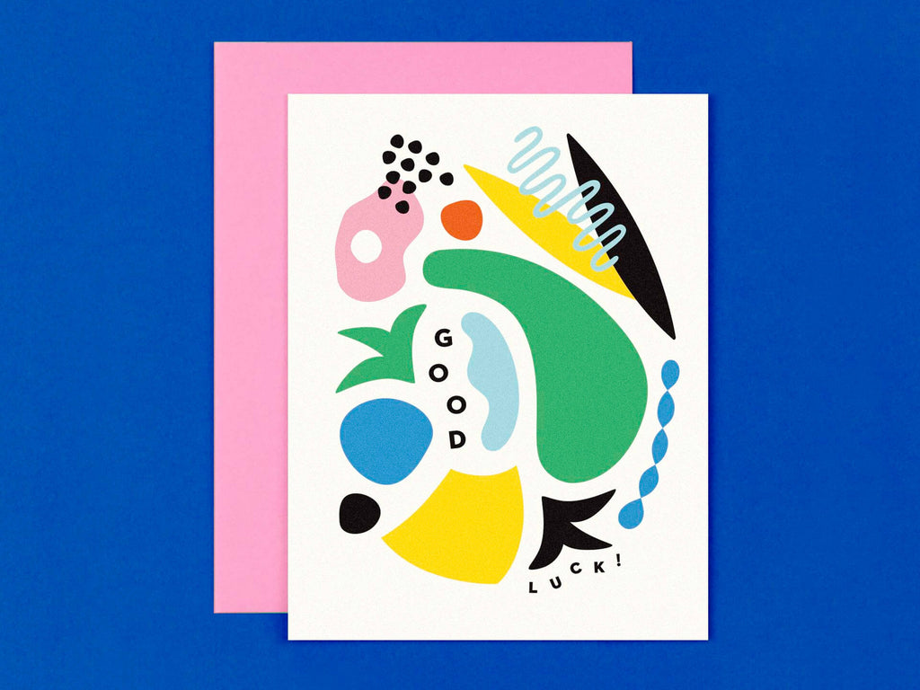 Modern good luck card with colorful, abstract, shapes. Made in USA by @mydarlin_bk.