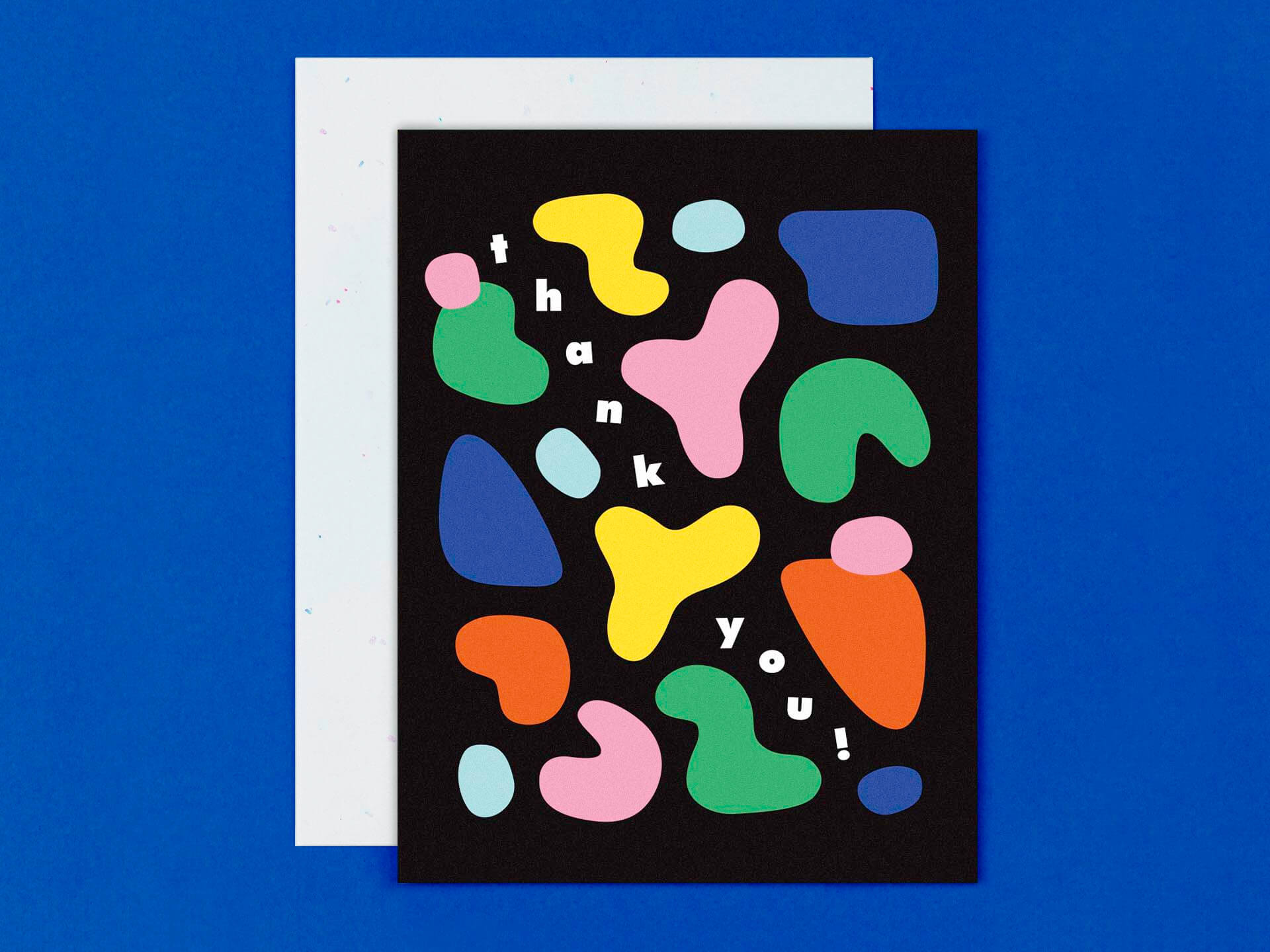 Modern thank you card with a composition of colorful, abstract, shapes. Made in USA by @mydarlin_bk.