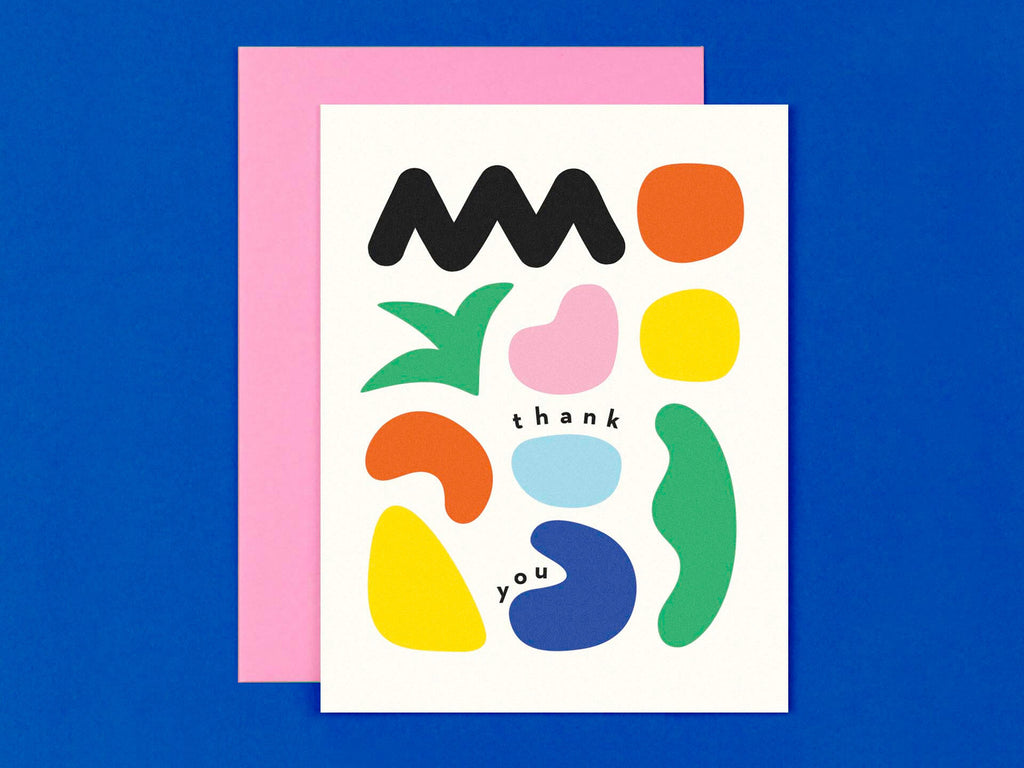 Contemporary thank you card with a composition of colorful, abstract, shapes. Made in USA by @mydarlin_bk.