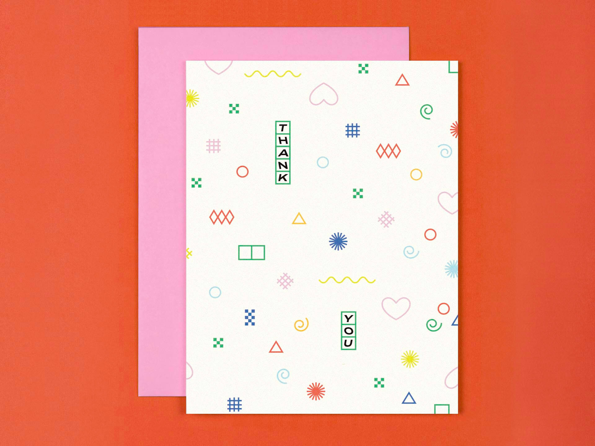 Abstract and geometric shape pattern thank you card with oscillating typography. Made in USA by My Darlin' @mydarlin_bk