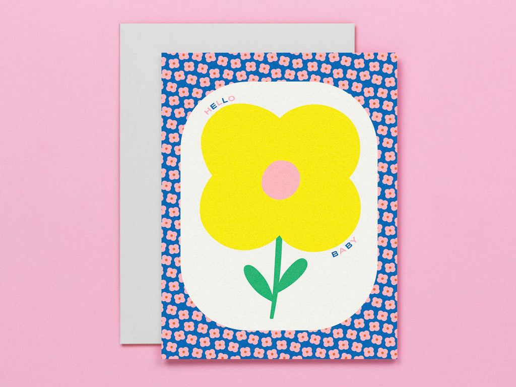"Hello Baby" new baby card with a single cute flower and fun floral pattern border. Made in USA by My Darlin' @mydarlin_bk