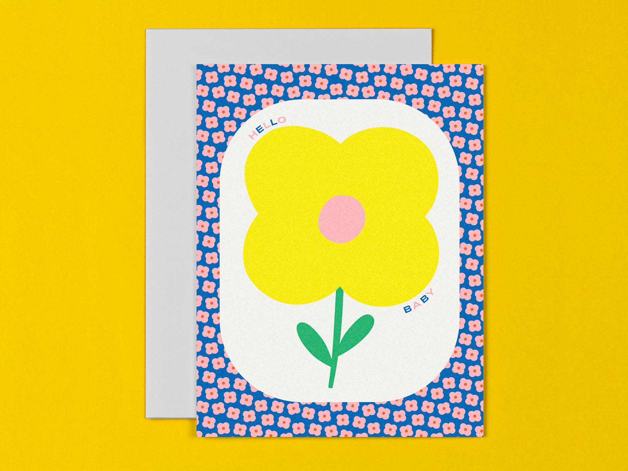"Hello Baby" new baby card with a single cute flower and fun floral pattern border. Made in USA by My Darlin' @mydarlin_bk