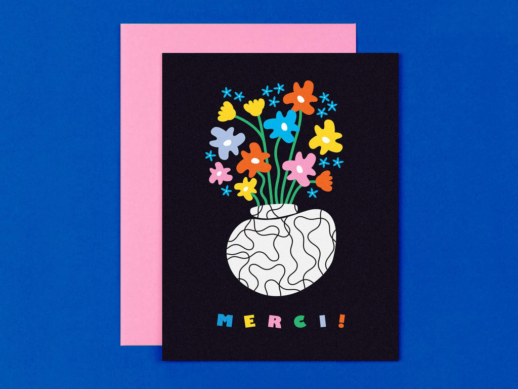 Bold colorful floral Merci thank you card. Modern vase illustration with squiggly pattern filled with squiggly flowers. Vaguely mid-century inspired art. Made in USA by My Darlin' @mydarlin_bk