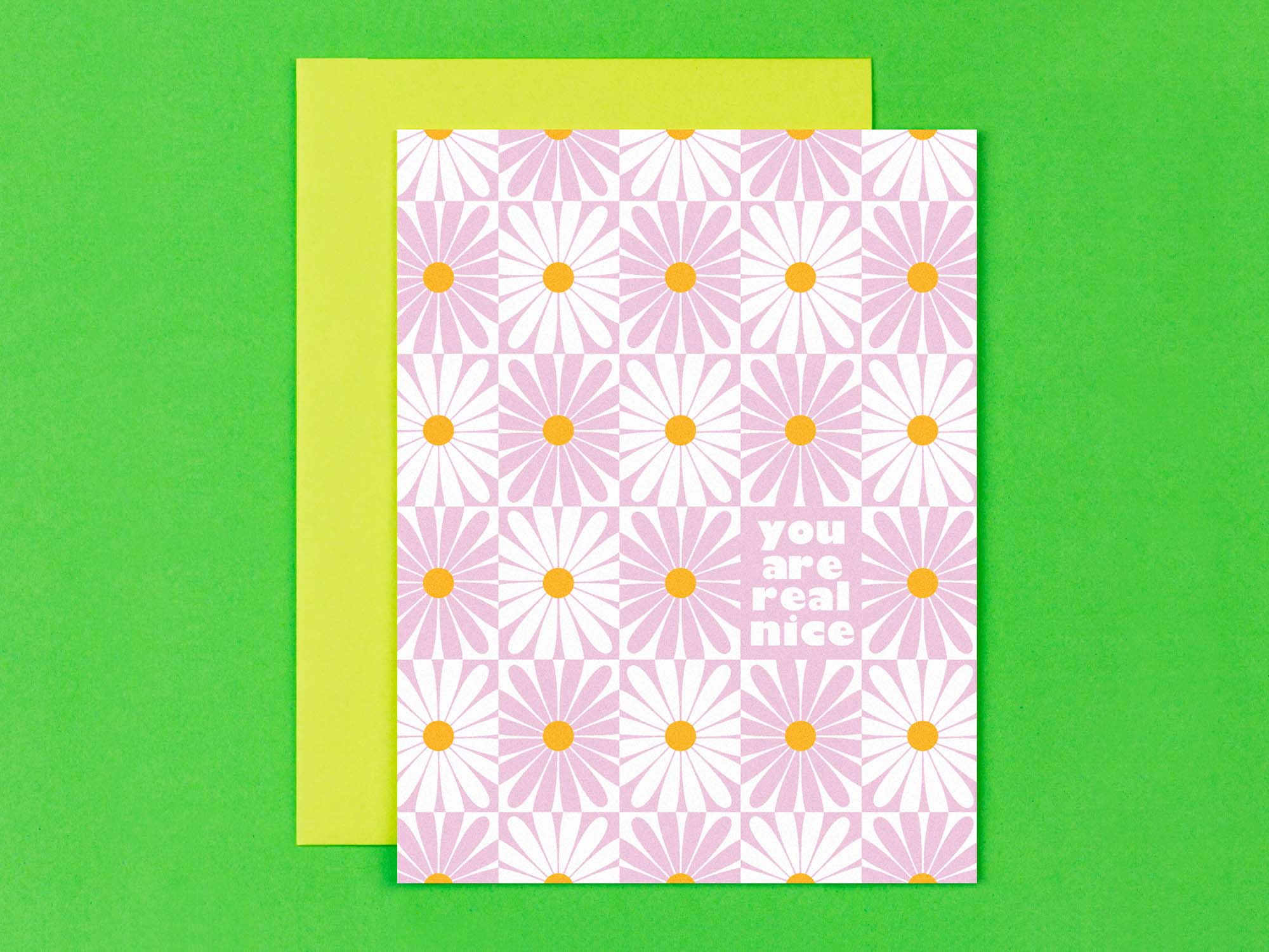 "You are real nice" vibrating checker daisy pattern thank you or friendship card. Vaguely op art inspired. Made in USA by My Darlin' @mydarlin_bk