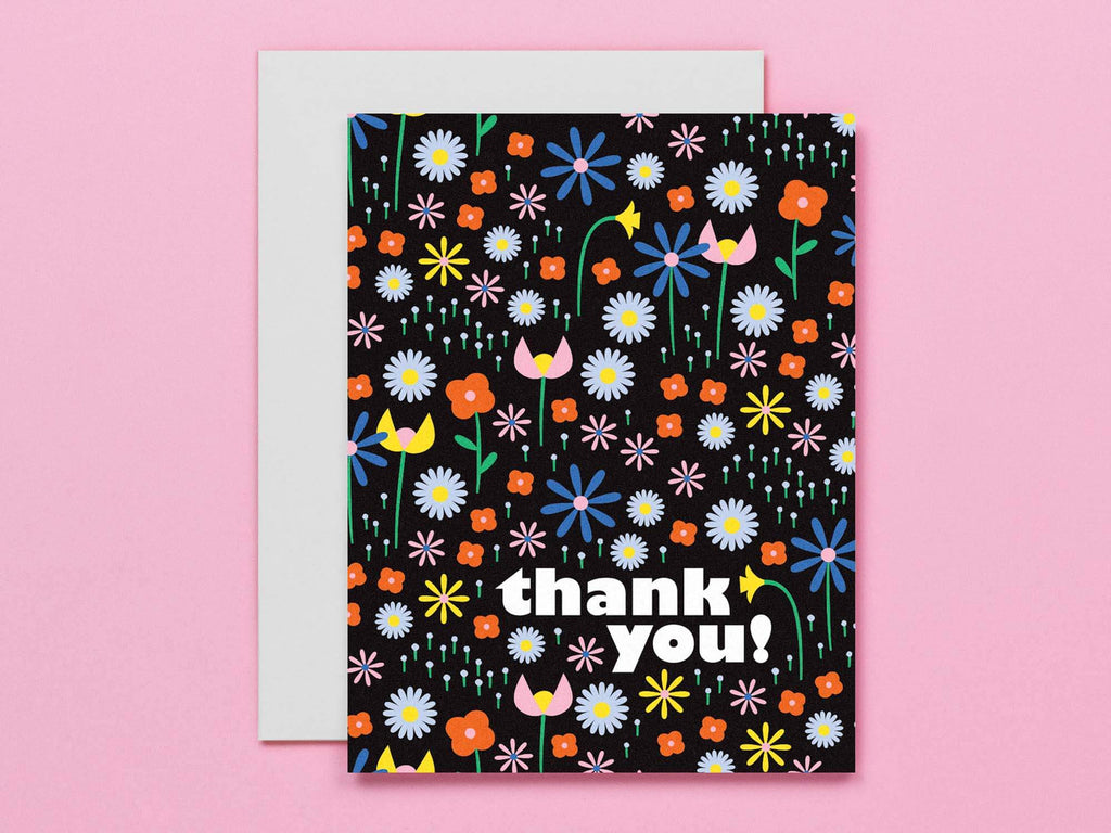 Floral pattern thank you card with bold typography embedded in a field of singing flowers. Vaguely mid-century inspired illustration. Made in USA by My Darlin' @mydarlin_bk