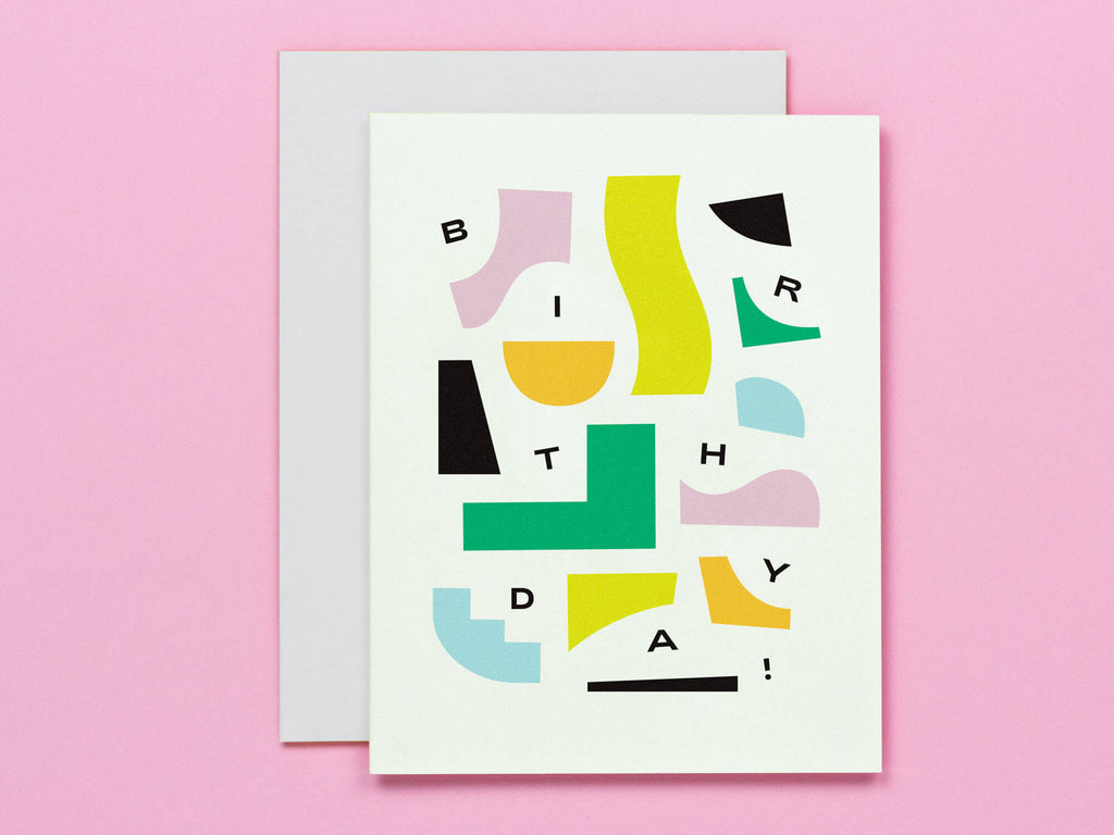 Abstract birthday card composed of falling shapes and typography. Made in USA by My Darlin' @mydarlin_bk