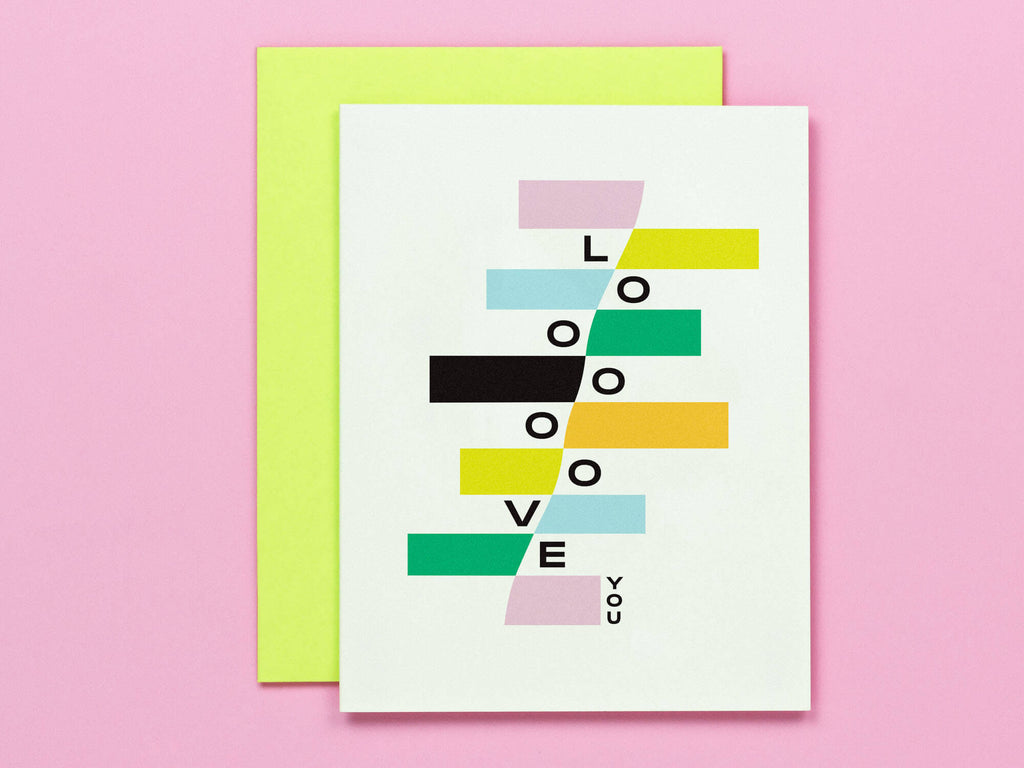 "Looooove You" love or friendship card designed with abstract stair step pattern in pastel hues with black and white accents. Inspired in part by the art of Wassily Kandinsky. Made in USA by My Darlin' @mydarlin_bk