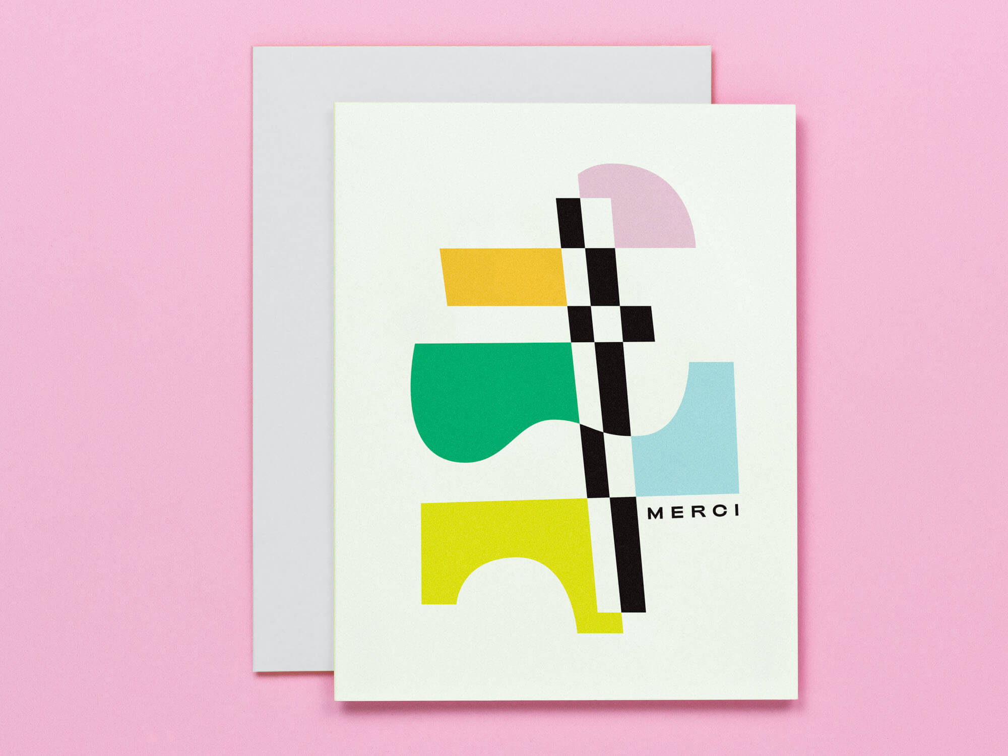 Merci French thank you card designed with minimal abstract shapes composition in pastel hues with black and white accents. Vaguely Kandinsky and art deco-inspired. Made in USA by My Darlin' @mydarlin_bk