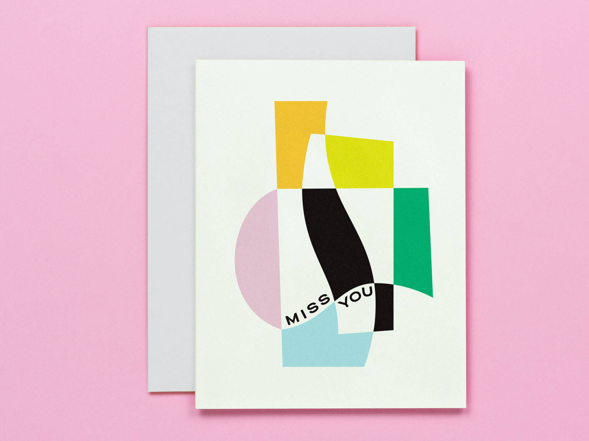 Miss you card designed with minimal abstract shapes composition in pastel hues with black and white accents. Vaguely Kandinsky-inspired. Made in USA by My Darlin' @mydarlin_bk